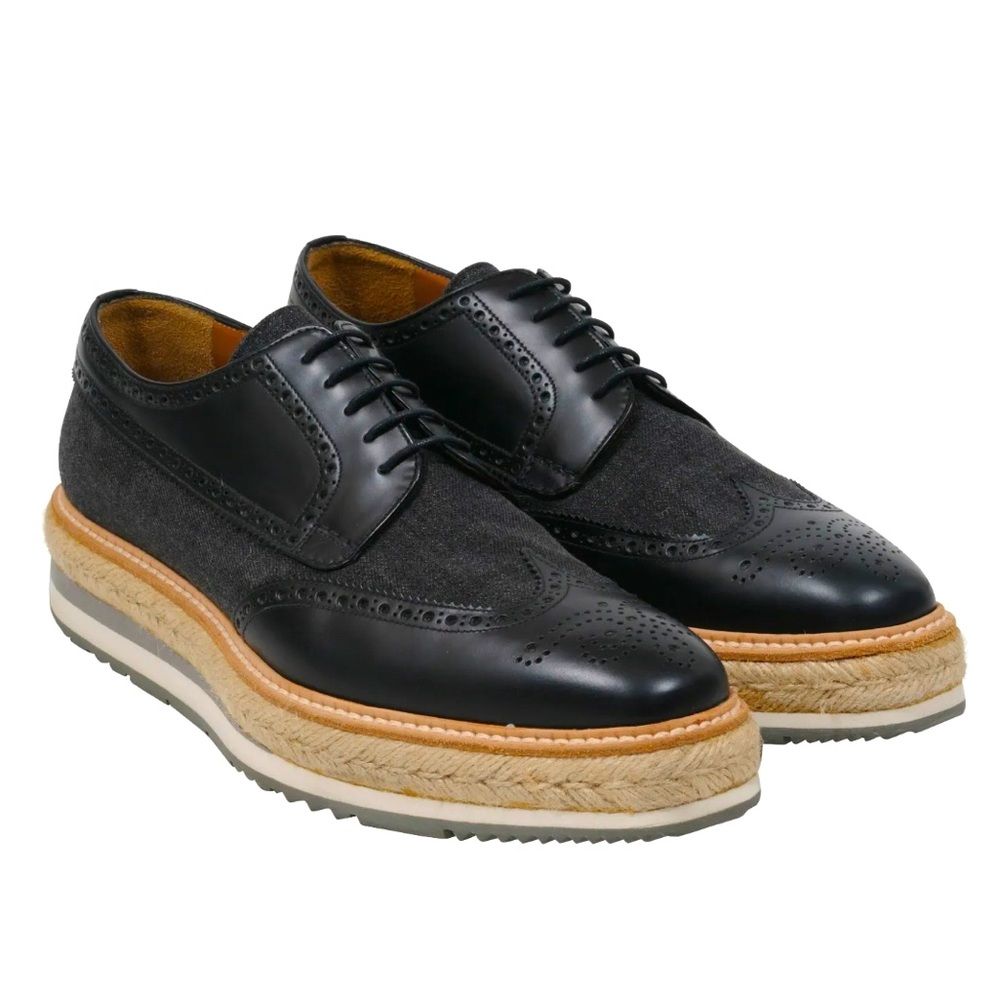 Prada MensWingtip Platform Espadrille Brogues US10.5 P8 Blue Denim Black Leather